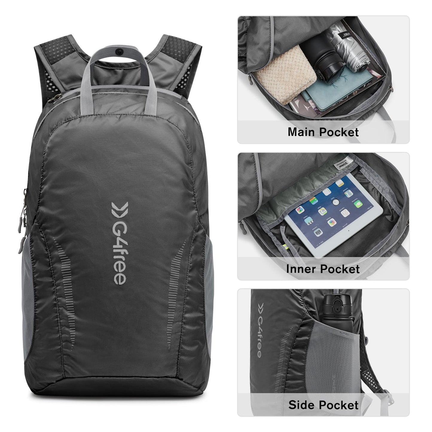 G4Free 25L Lightweight Hiking Backpack Packable Foldable Sport Travel Daypack Water Resistant for Women Men（Black）