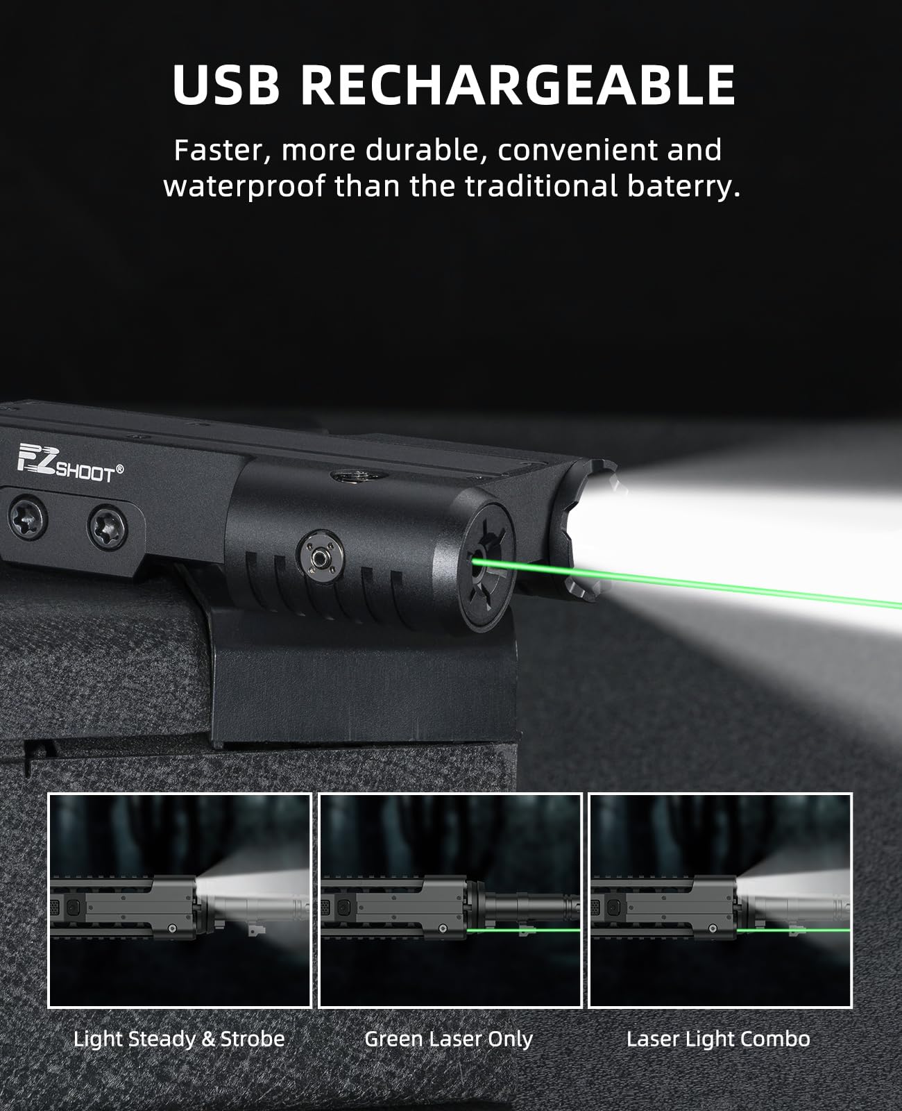 EZshoot 1600 Lumen Rifle Light Laser Combo with USB Rechargeable, Green Laser Light Combo Compatible with Picatinny Rail, Rechargeable Tactical Flashlight for Rifle with Strobe Mode