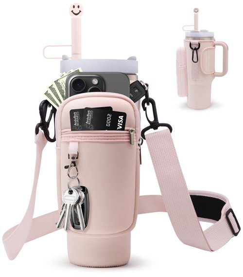 BILTRTE Water Bottle Carrier Bag for Stanley 40oz Tumbler with Phone Pocket, Water Bottle Holder Pouch with Adjustable Strap & Straw Cover for Hiking Travelling Camping