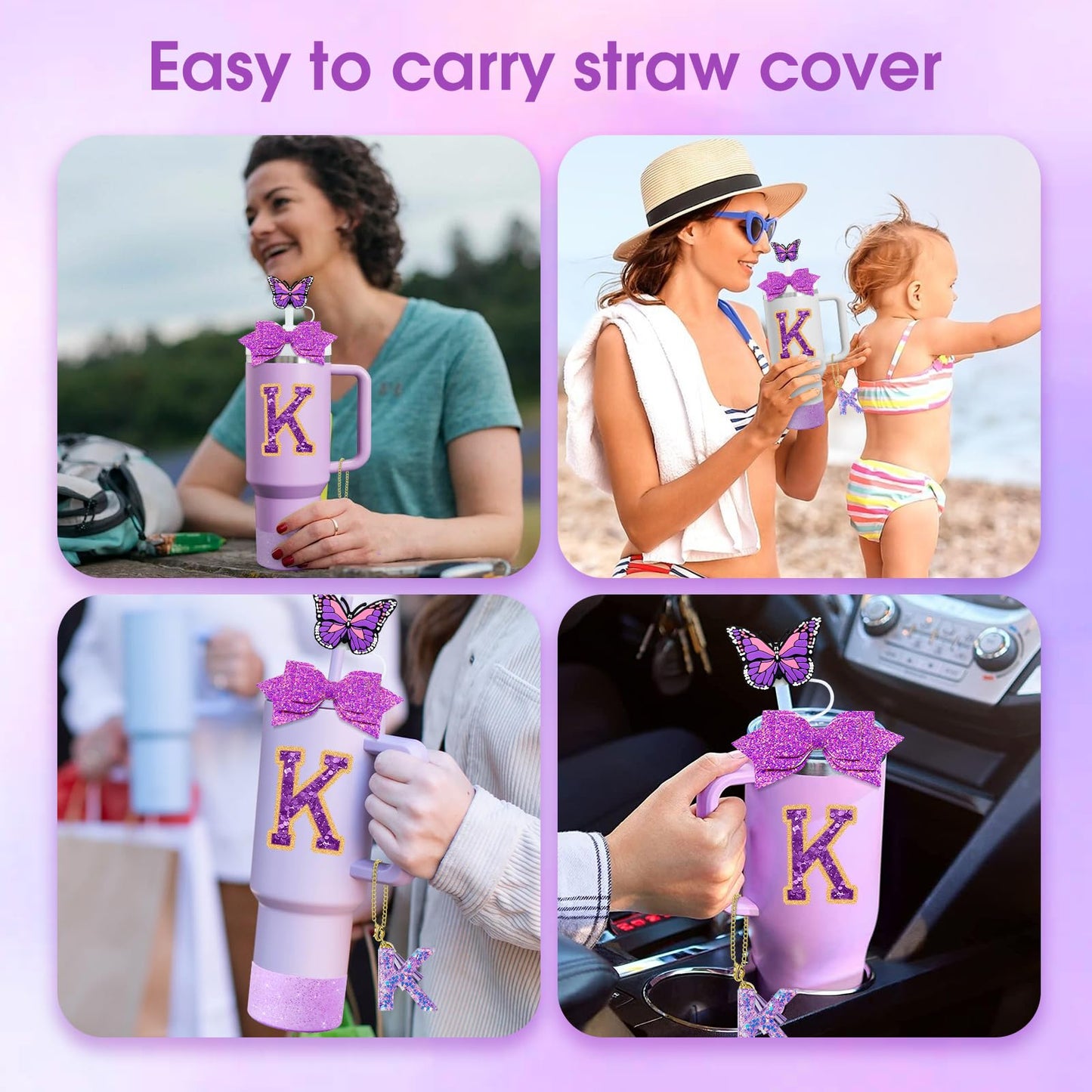 7Pcs Purple Stanley Cup Accessories Set for Stanley Cup 30&40 Oz Tumbler - Silicone Straw Cover Cap and Boot, Letter Charm for Handle, Spill Proof Stopper, Bow straw Decoration, Initial Sticker(K)