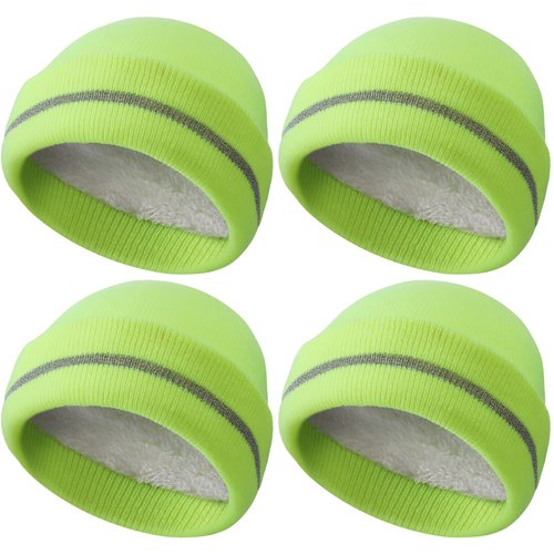 Suhine 4 Pack Men Hi Vis Winter Hats Fleece Lined Hi Vis Beanies with Reflective Stripes Fluorescent Thermal Hats for Outdoor(Neon Yellow)