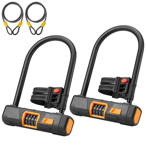 KEMIMOTO Bike U-Lock with Cable-2, Bicycle U Combination Lock Heavy Duty Anti-Theft Mounting Bracket 14.6-mm Shackle, 10mm x1.8m Cable & Padlock Holder for Bicycles E-Bikes Scooters