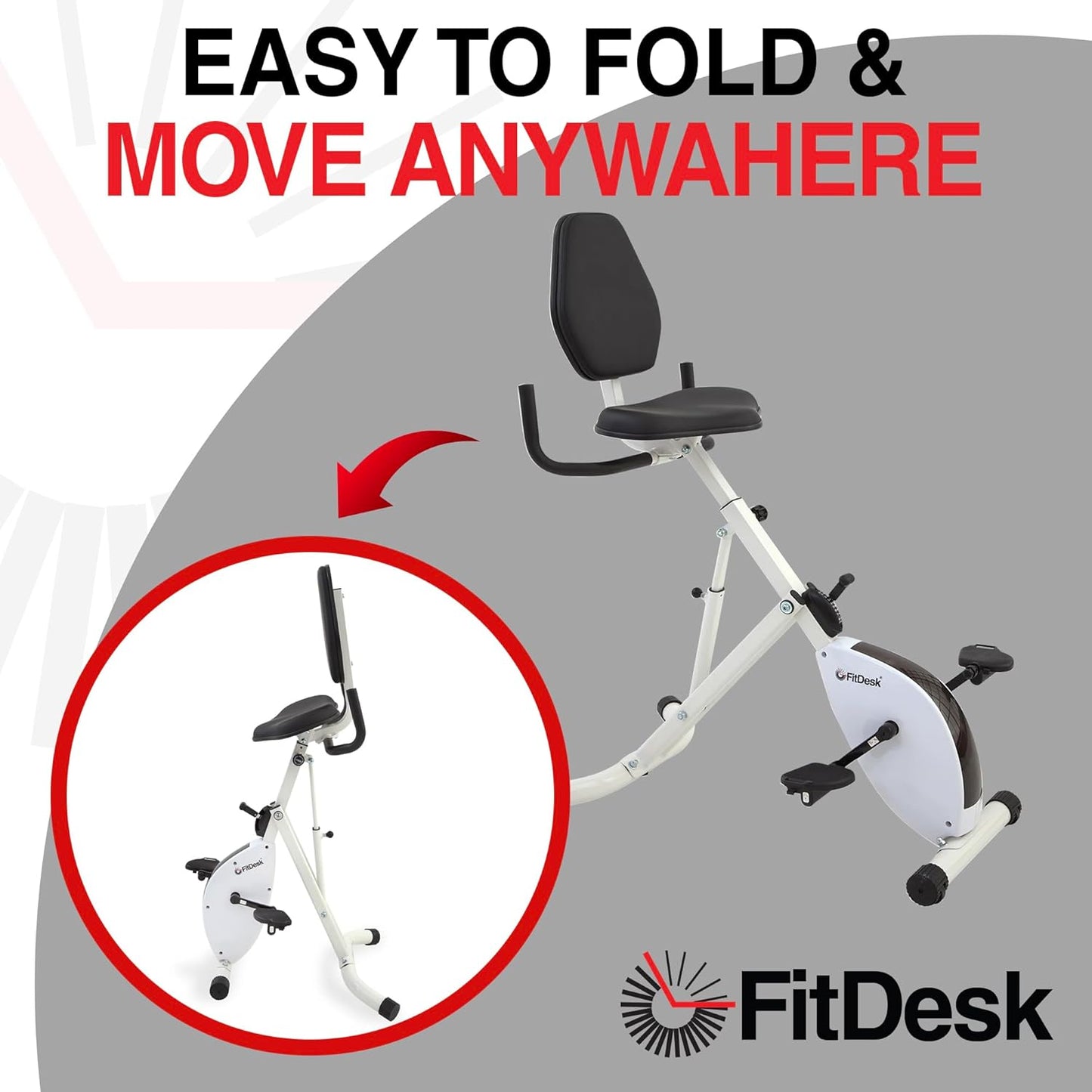 FitDesk Height Adjustable Exercise Desk Bike with Digital Performance Monitor, 8 Resistance Levels, Foldable Frame, Supportive Seat with Backrest, Supports Up to 242 lbs for Home & Office, White