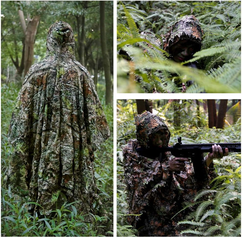 Zicac Outdoor Ghillie Suit 3d Leafy Camo Poncho for Men Hunting Bird Watch Military CS Woodland Hoodie Camouflage Cloak