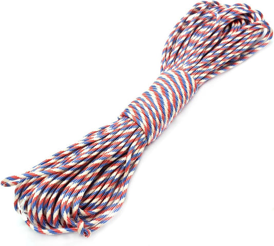 100ft Type III 7 Strand Core Paracord 550 Parachute (90# Red+White+Blue Camo)