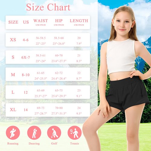 DOCUMO Girls Athletic Shorts with Liner Lightweight Running Shorts for Teen Girls Kids Quick Dry Sports Active Short with Zipper Pocket (Black, Large)