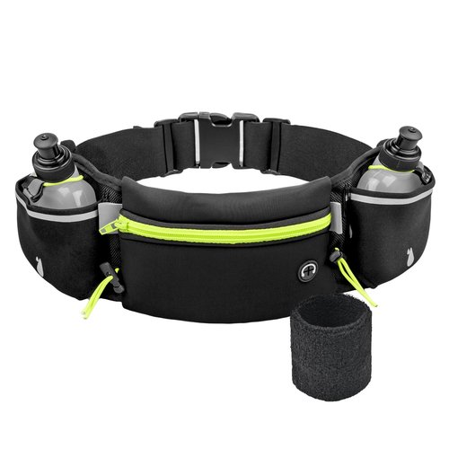Hydration Running Belt for Women & Men with 2 Water Bottles – Water-Resistant Waist Pack & Phone Holder, No-Bounce Fit for Running, Hiking, Workouts – Bonus Sweatband, Fits All Phones