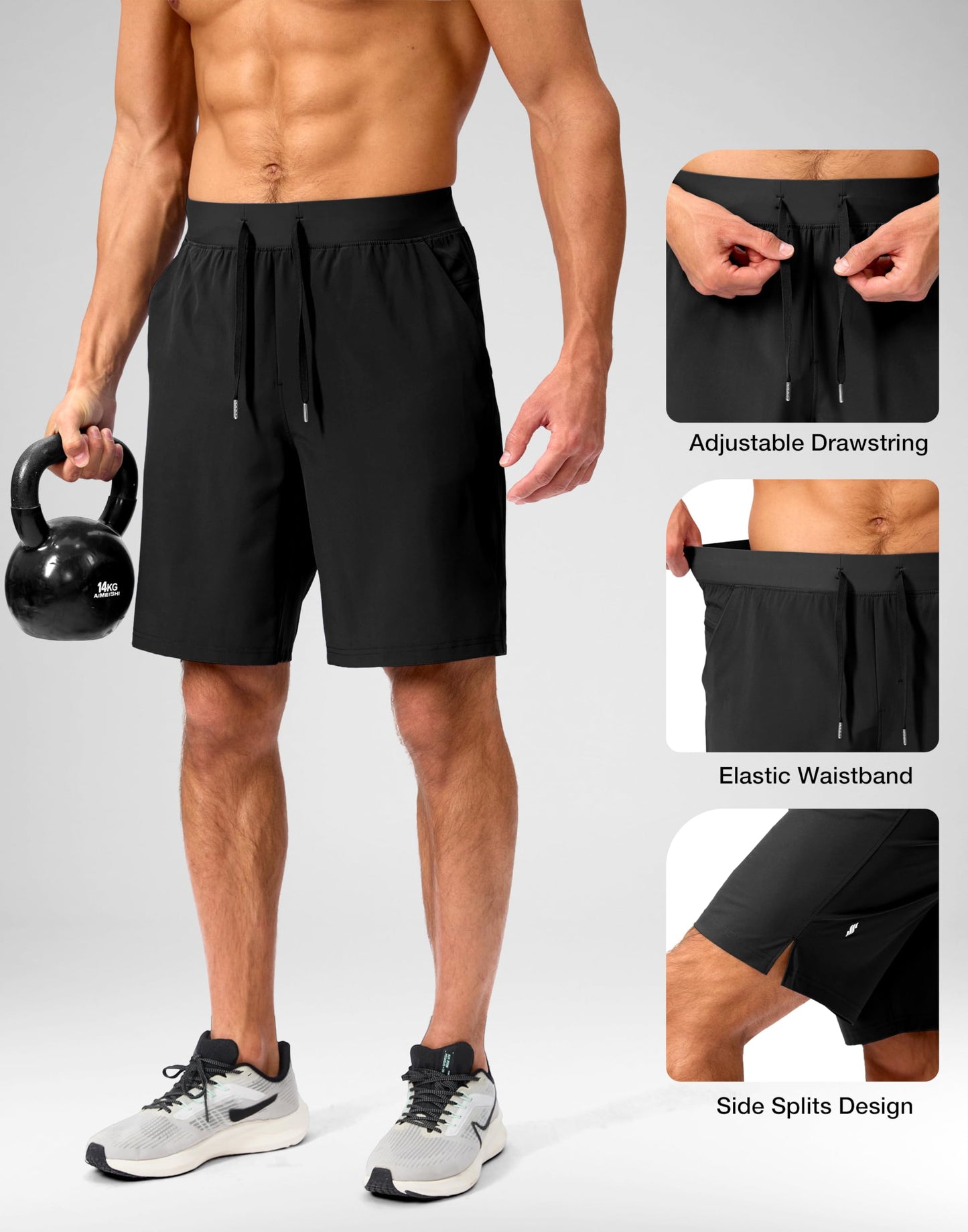 Soothfeel Men's Running Shorts with Zipper Pockets 9 Inch Lightweight Quick Dry Gym Sports Athletic Workout Basketball Shorts for Men (Black, XXL)