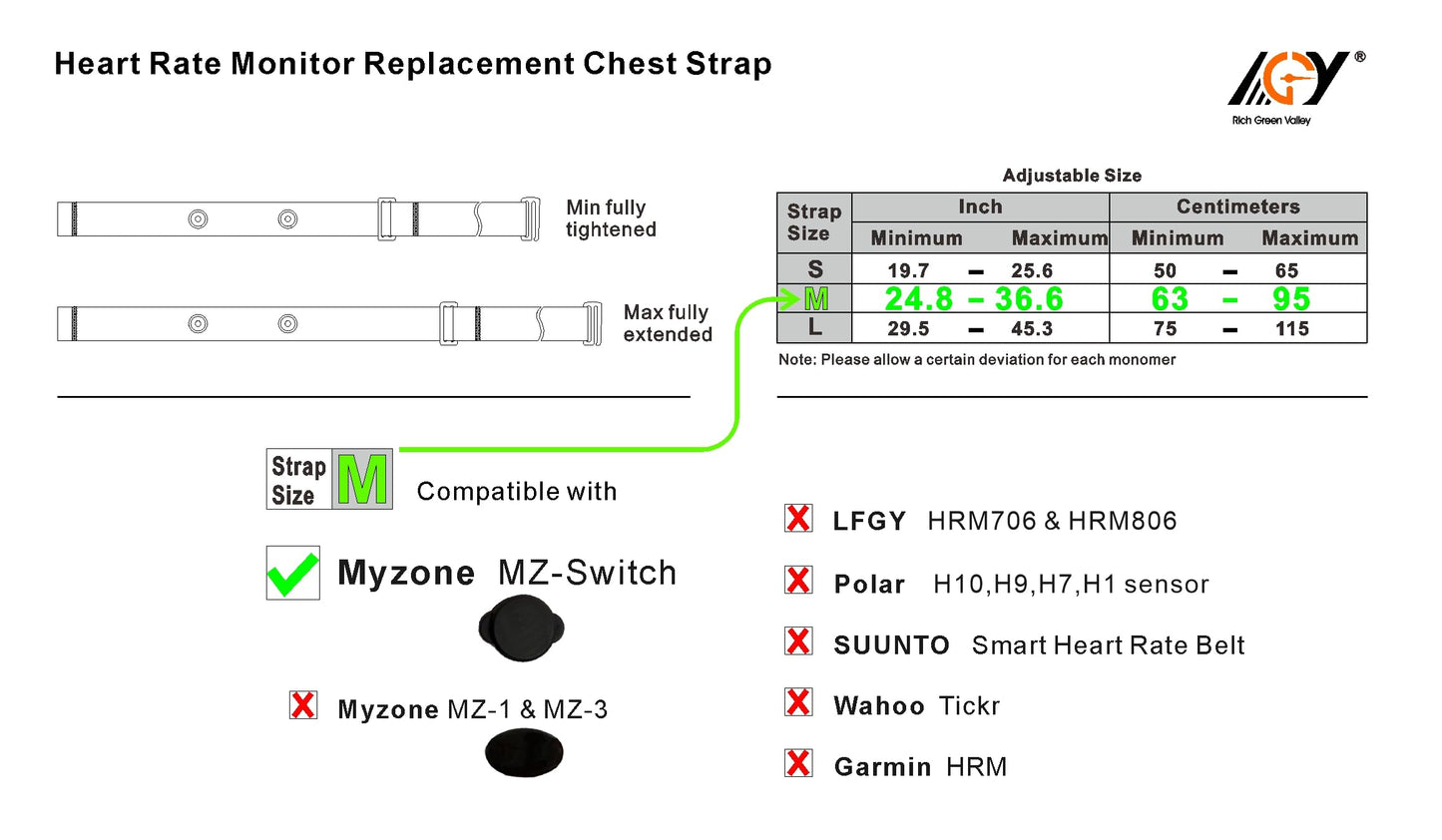 Rich Green Valley Heart Rate Monitor Replacement Strap Adjustable Chest Strap Compatible with Myzone MZ-SWITCH (Medium, Blue)
