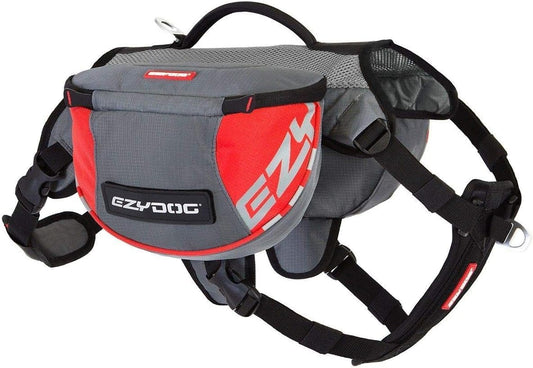 EzyDog Summit Outdoor Dog Backpack - Reflective and Incorporates a Chest Plate Harness - Easy Access Saddlebags with Superior Storage Capacity and Comfort - Front Pull Ring (Red/Gray, Large)