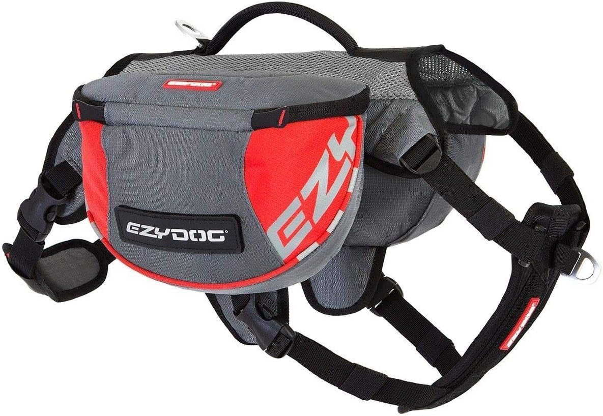 EzyDog Summit Outdoor Dog Backpack - Reflective and Incorporates a Chest Plate Harness - Easy Access Saddlebags with Superior Storage Capacity and Comfort - Front Pull Ring (Red/Gray, Large)
