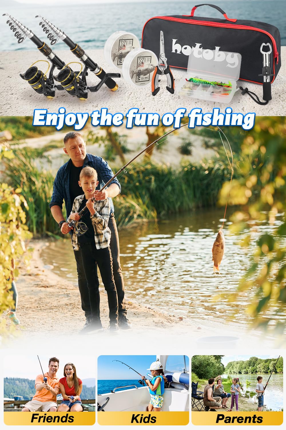 Fishing Pole Combo Set, 2PACK 6.89ft Fishing Rod and Reel Combo, Carbon Fiber Telescopic Fishing Rod Kit with Spinning Reel, Fishing Pliers, Lip Gripper, Line, Lures, Carrier Bag for Beginner Angler