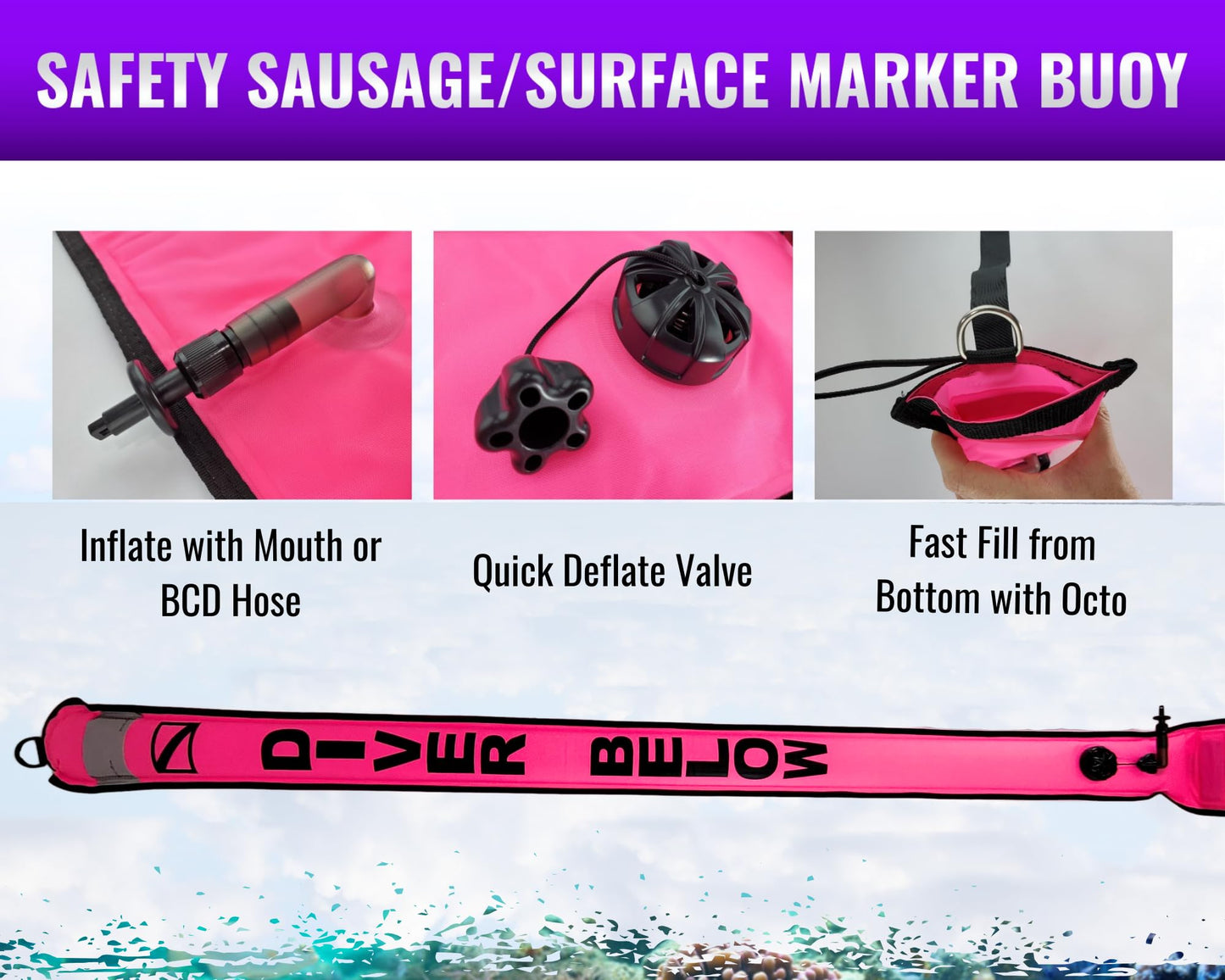 Aquatic Hunt 6ft Safety Sausage/Surface Marker Buoy (SMB) – 6ft x 6in High-Visibility Buoy with Reflective Tape, Easy Empty Dump Valve, 2-Way Fill, 20 lb Lift Capacity (Yellow)