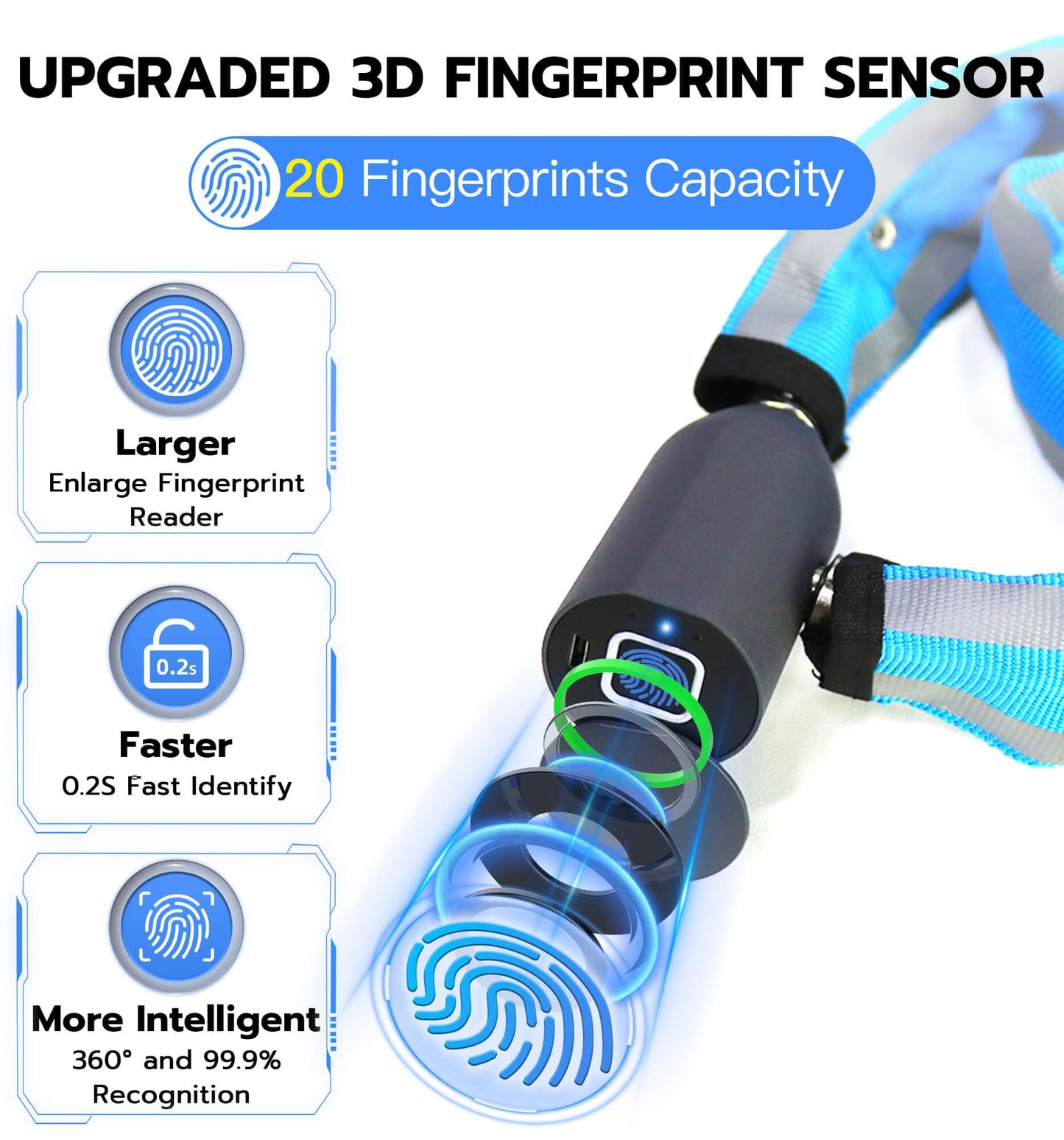 Anweller Heavy Duty Anti Theft Chain Lock, 3.3FT Long Keyless Fingerprint Bluetooth Electronic Digital Lock for Bike Scooter Outdoor Fence Gate, Electric Scooter Bike Accessories for Adults - Blue