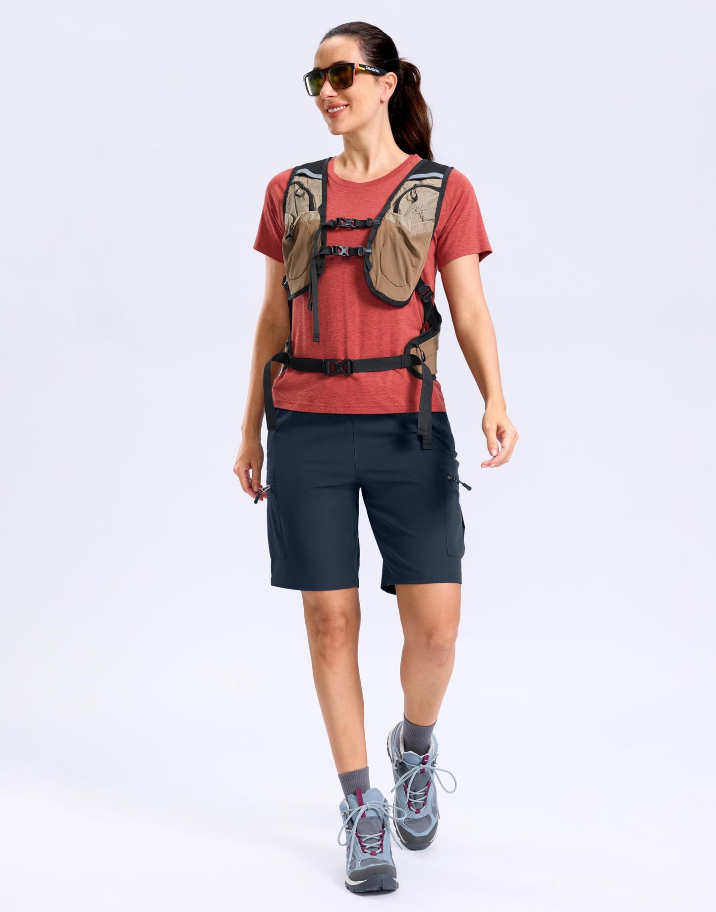 SANTINY Women's 7"/9" Lightweight Hiking Cargo Shorts with 5 Zipper Pockets Quick Dry Summer Long Travel Golf Short for Women (Navy_L)