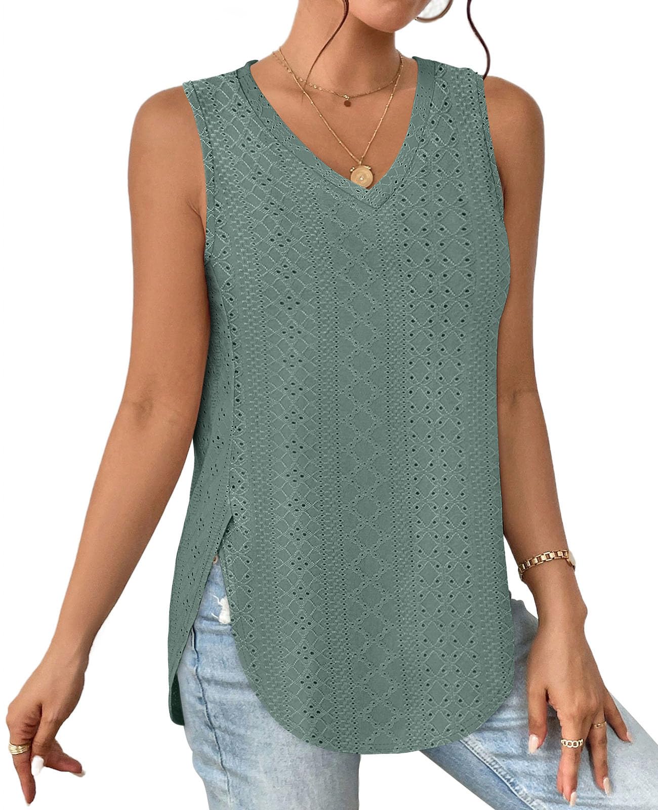 Green Tank Tops for Women Loose Fit V Neck Side Split Soft Summer Cami Shirts S