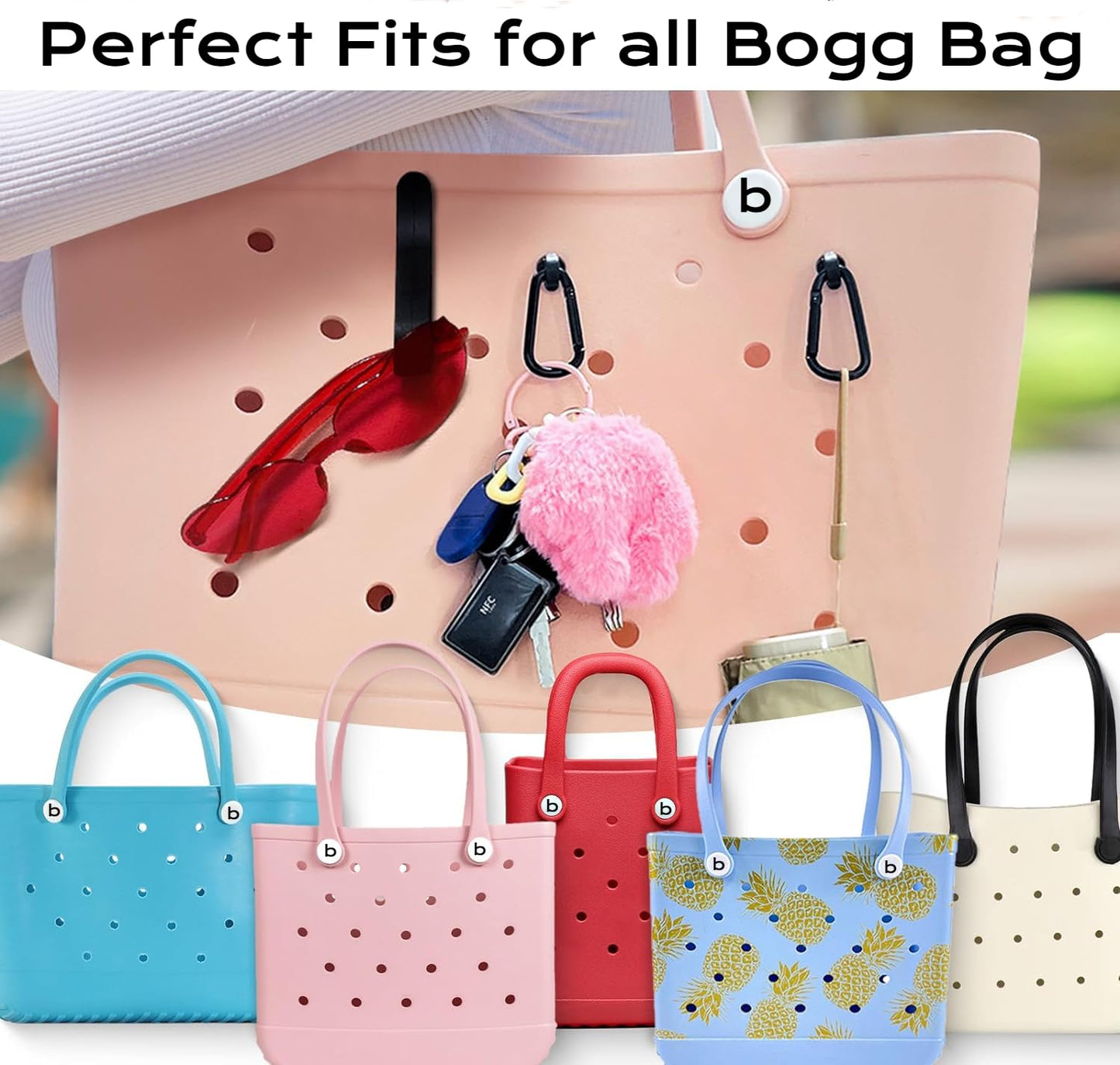 Accessories for Bogg Bag, 4 Pcs Replacement Handle Buttons for Bogg Bag, 2 Hooks for Bogg Bag, 2 Insert Charm Carabiner Key Chain for Bogg Bag, Bogg Bag Clips