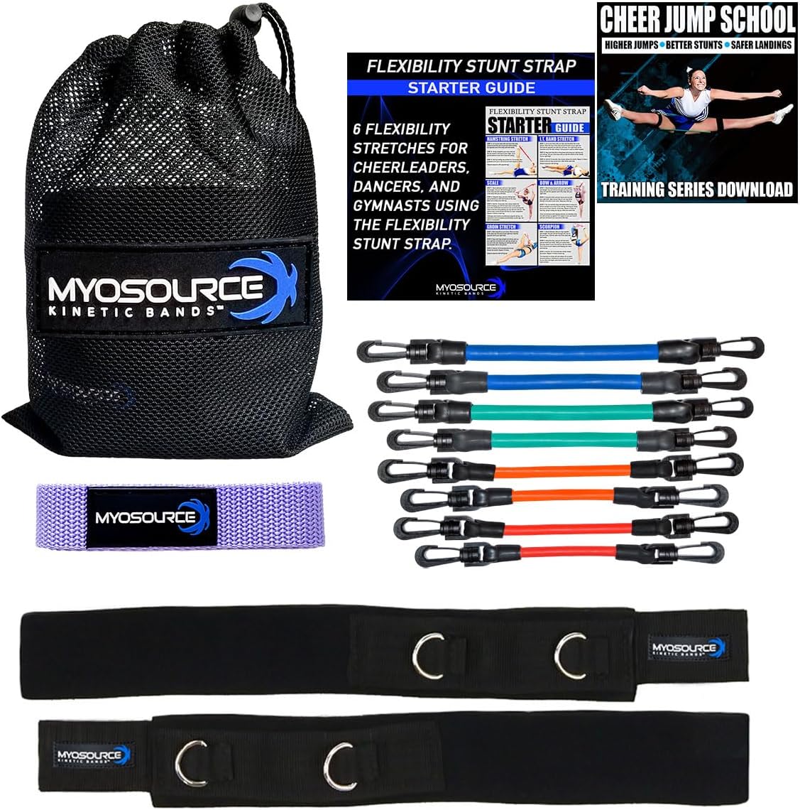 Cheer Kinetic Bands Cheerleader Flexibility and Strength Training | Improve Jumps, Stunts, Landings | 4-Level Leg Resistance Bands & 12 Stunt Strap Color Options, Digital Training Downloads