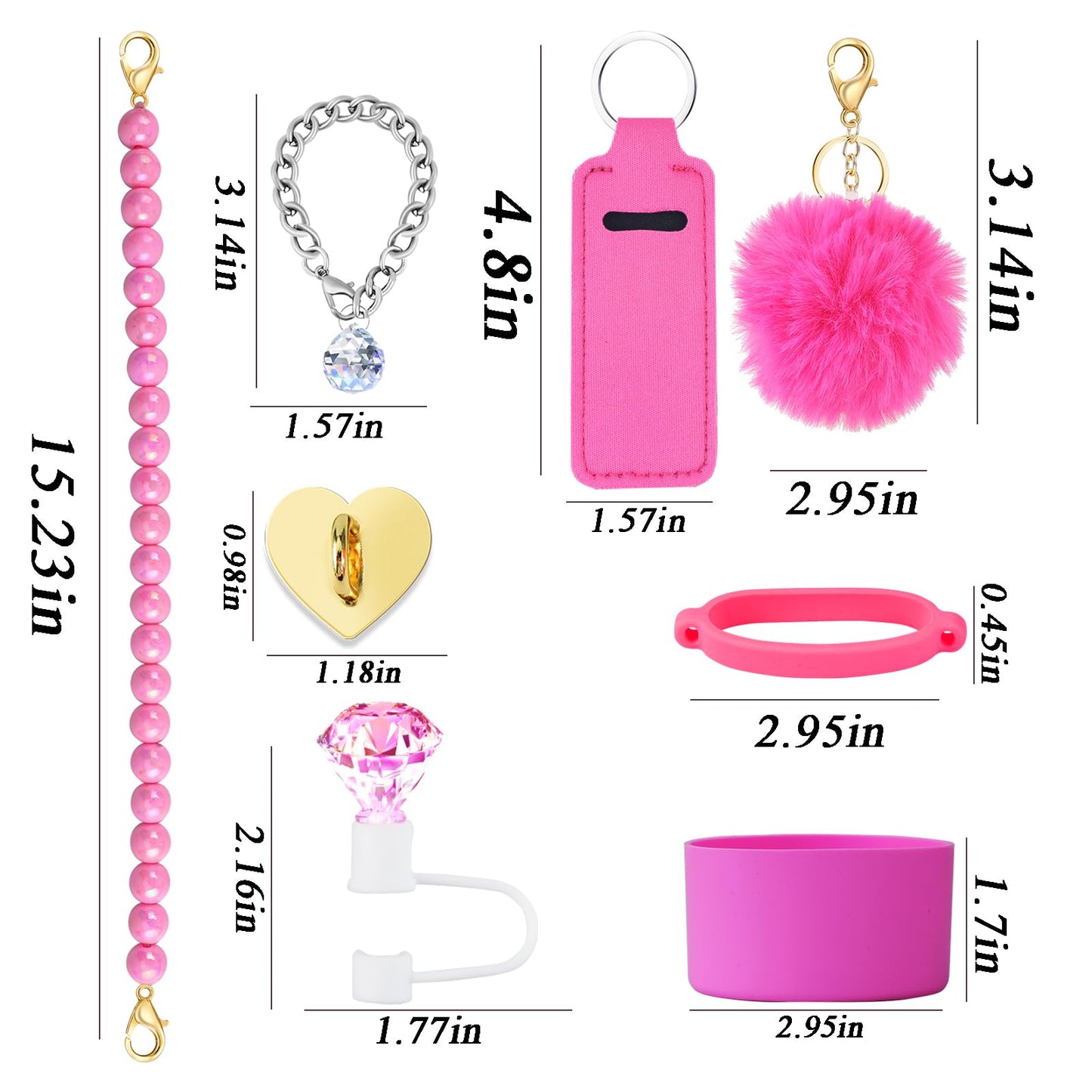 Accessories Set for Stanley Cup All Water Bottle Holder Strap Straw Cover Cap for Stanley Cup Charms Boot Diamond Hot Pink Tumbler 30oz 40oz Accessories Cute Silicone Straw Topper Charms Boot