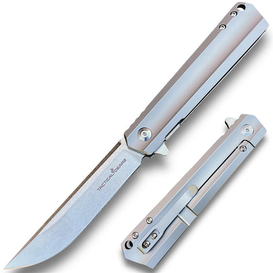 TACTICAL GEARZ Titanium Pocket Knife for EDC, Solid Tc4 Titanium Handle, Stonewashed D2 Steel Blade, Includes Sheath (Titan)