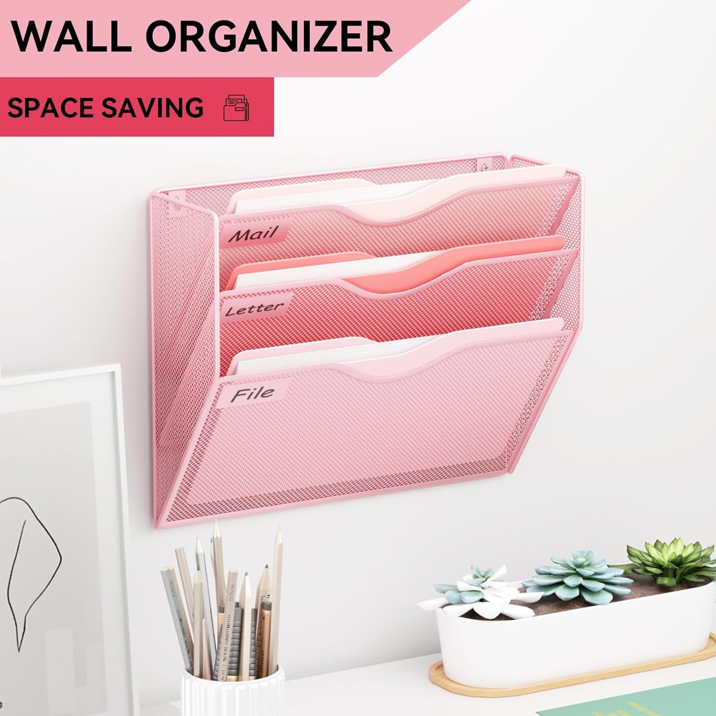 5 Pockets Mesh Hanging Wall File Holder Organizer Wall Mounted Paper Magazine Rack, Black