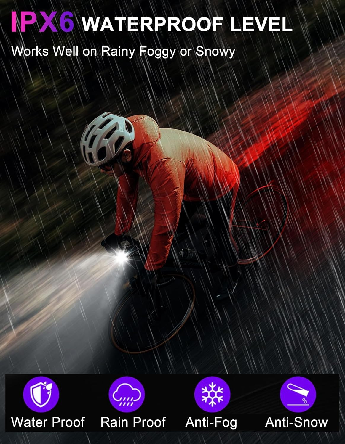 IPX6 Waterproof Front/Rear Bike Light Set (1 Headlight, 2 taillights) – Great for Night Rides, with high lumens, Long Battery Life, 5+4 Modes, Type-C Charging; Ideal for Road/Mountain Bikes.