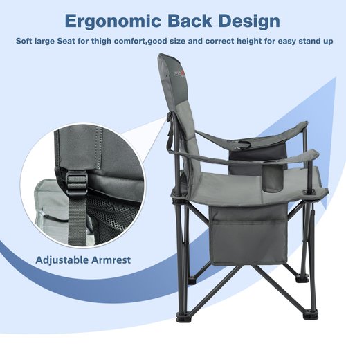 RELAX FIELD Oversized Folding Camping Chair, Heavy Duty Support 500LBS Outdoor Chair with Cup Holder Storage and Cooler Pouch, Collapsible Padded Arm Chair for Sports Garden Beach Fishing, Grey