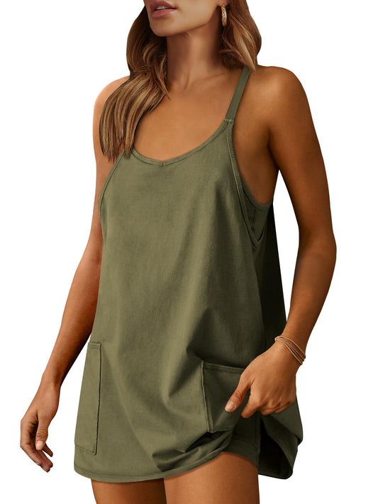 ANRABESS Women Athletic Dress Summer Tennis Workout Active Sports Mini Romper Dress Built in Shorts Travel Vacation Clothes Army Green Large