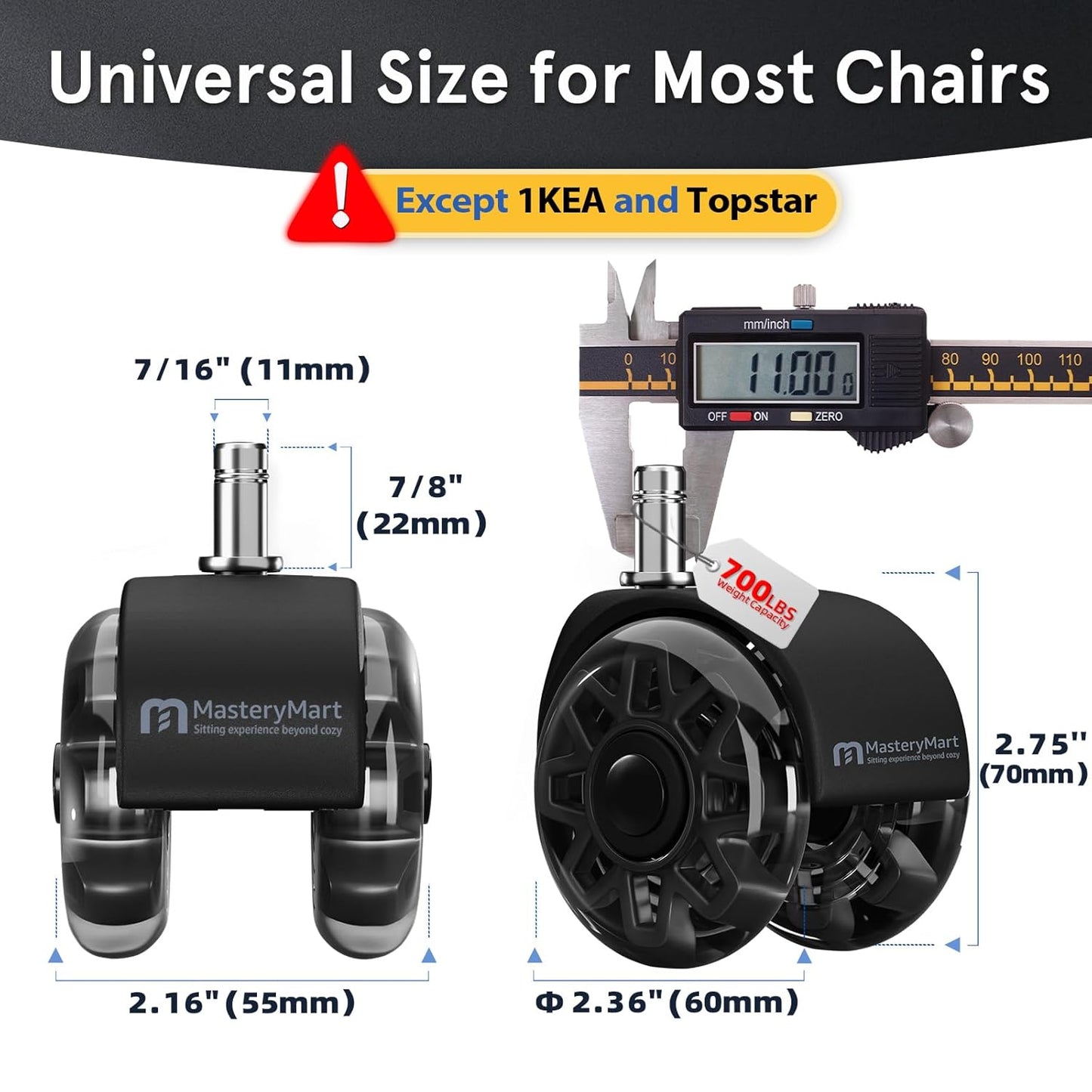 Mastery Mart Office Chair Caster Wheels for Hardwood Floors, Heavy Duty and Quiet Smooth Rollerblade Wheels for Office Chair, Universal Size (11x22mm), Suitable for Most Chairs