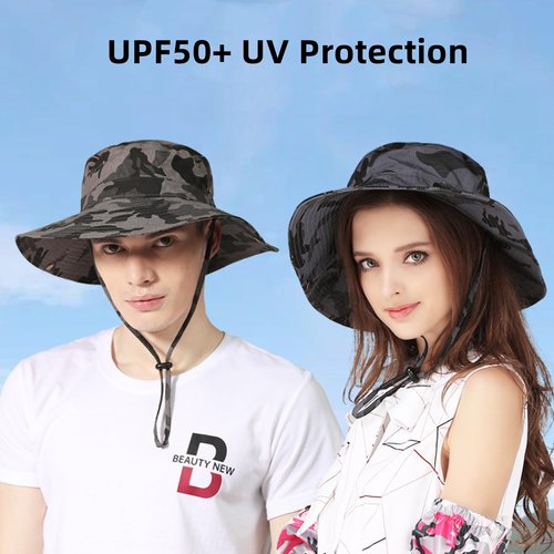 QOHNK Boonie Hats for Men Women Wide Brim Sun Hats Outdoor Sun UV Protection Fisherman Hat Big Head Fishing Camo Bucket Hats