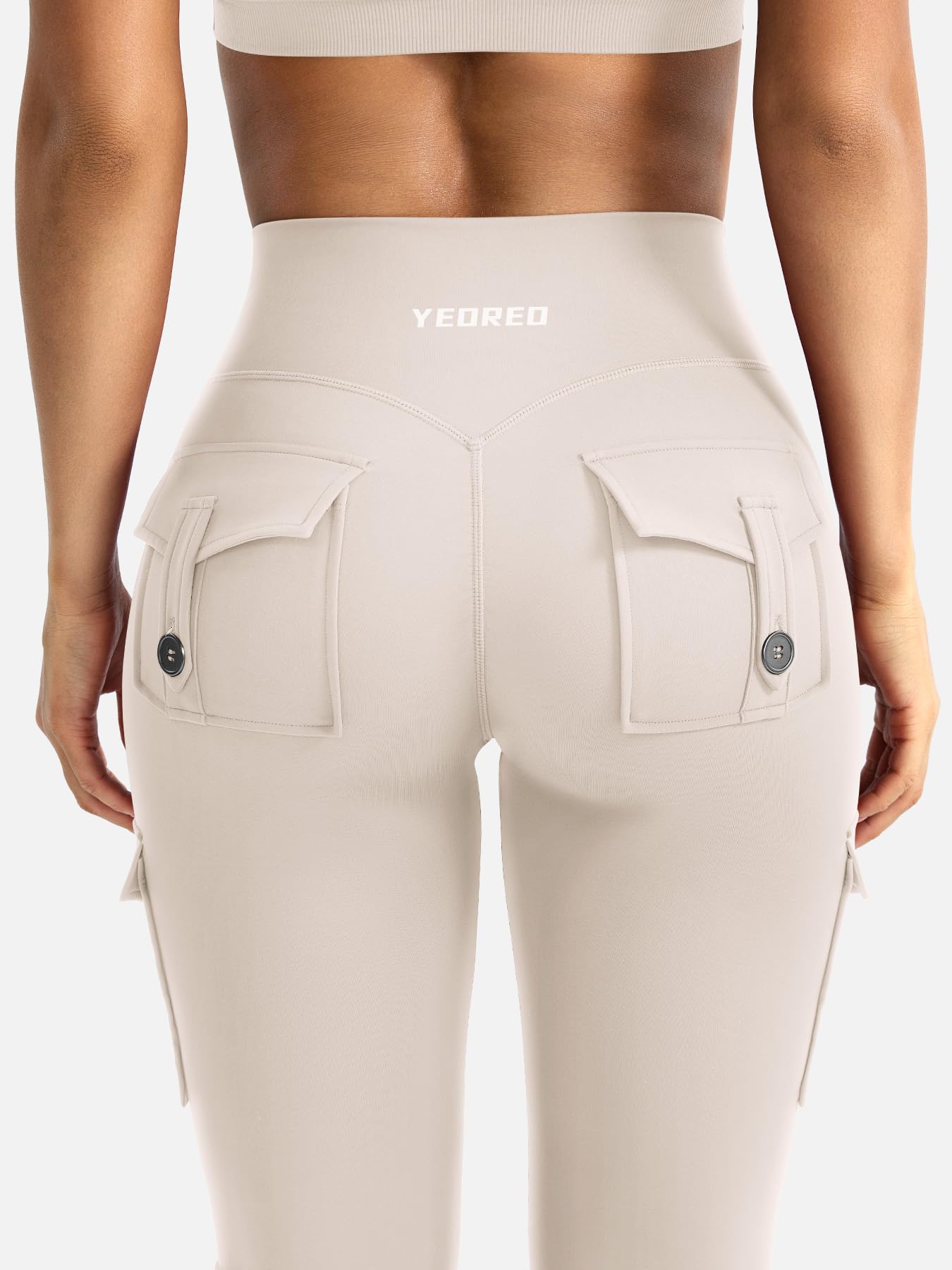YEOREO CoreFlex Women Workout Flare Leggings with Pockets Hidden Scrunch High Waisted Cargo Gym Yoga No Front Seam Leggings Light Khaki M