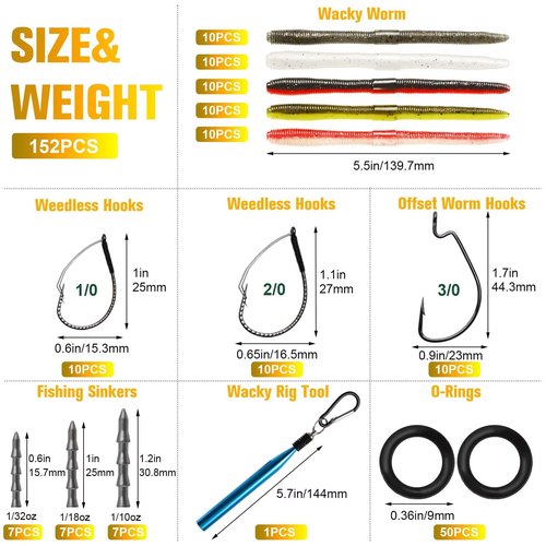 Dovesun 152Pcs Wacky Worm for Bass Fishing Lures for Bass Trout Fishing Worms & Hook Kit with Soft Plastic Baits, Offset/Weedless Hooks, Wacky Rig Tool, O-Rings, Sinkers