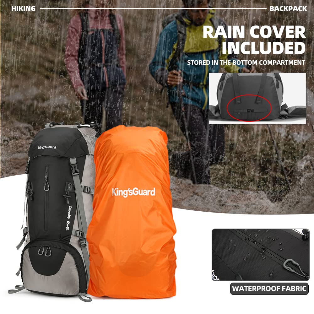 King'sGuard 70L Hiking Backpack Large Lightweight Waterproof Camping Backpack Travel Backpacking Backpack Daypack with Rain Cover -Frameless (Black)