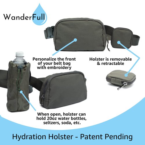 WanderFull Original Crossbody HydroBeltbag | Fanny Pack with Removable Water Bottle Holder | Adjustable Waist Bag for Carrying Your Purse, Phone, Accessories w/Tumbler Holder (Army Green)
