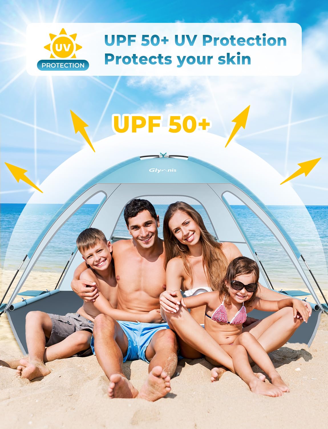 Glymnis Beach Tent Sun Shelter for 3 Person with UPF 50+ UV Protection, Lightweight & Easy Setup Beach Shade Canopy with Vent Windows & Zippered Door