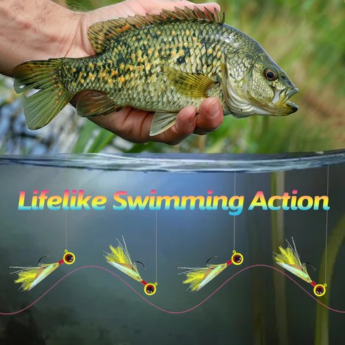 Bombite Crappie Jigs - Hand-Tied Jig Heads with Rainbow Skin Feather, Fishing Lures Kit for Bass, Walleye, Panfish, Sunfish - 1/16oz