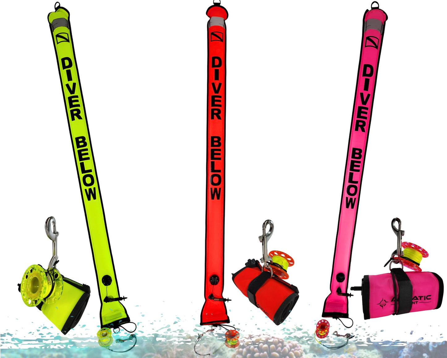 Aquatic Hunt 3 Piece Set = 6ft (1.83M) Safety Sausage (SMB) + 4" SS Clip + 100ft (30M) Finger Reel/Spool (Yellow)