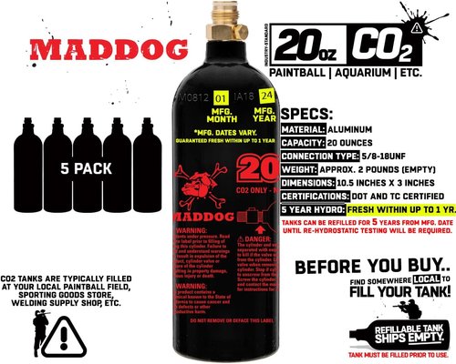 Maddog 20 Oz Refillable Aluminum CO2 Paintball Tank - Ships Empty - 5 Pack