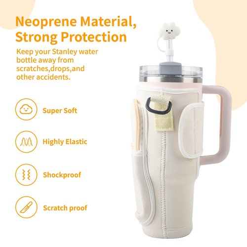 Mohjeke Stanley Cup Accessories,Tumbler Accessories,Pouch Water Bottle Holder with Strap Cup Bag,for stanley 40 oz Tumbler Neoprene Water Bottle,cup pouch and straw cover sets
