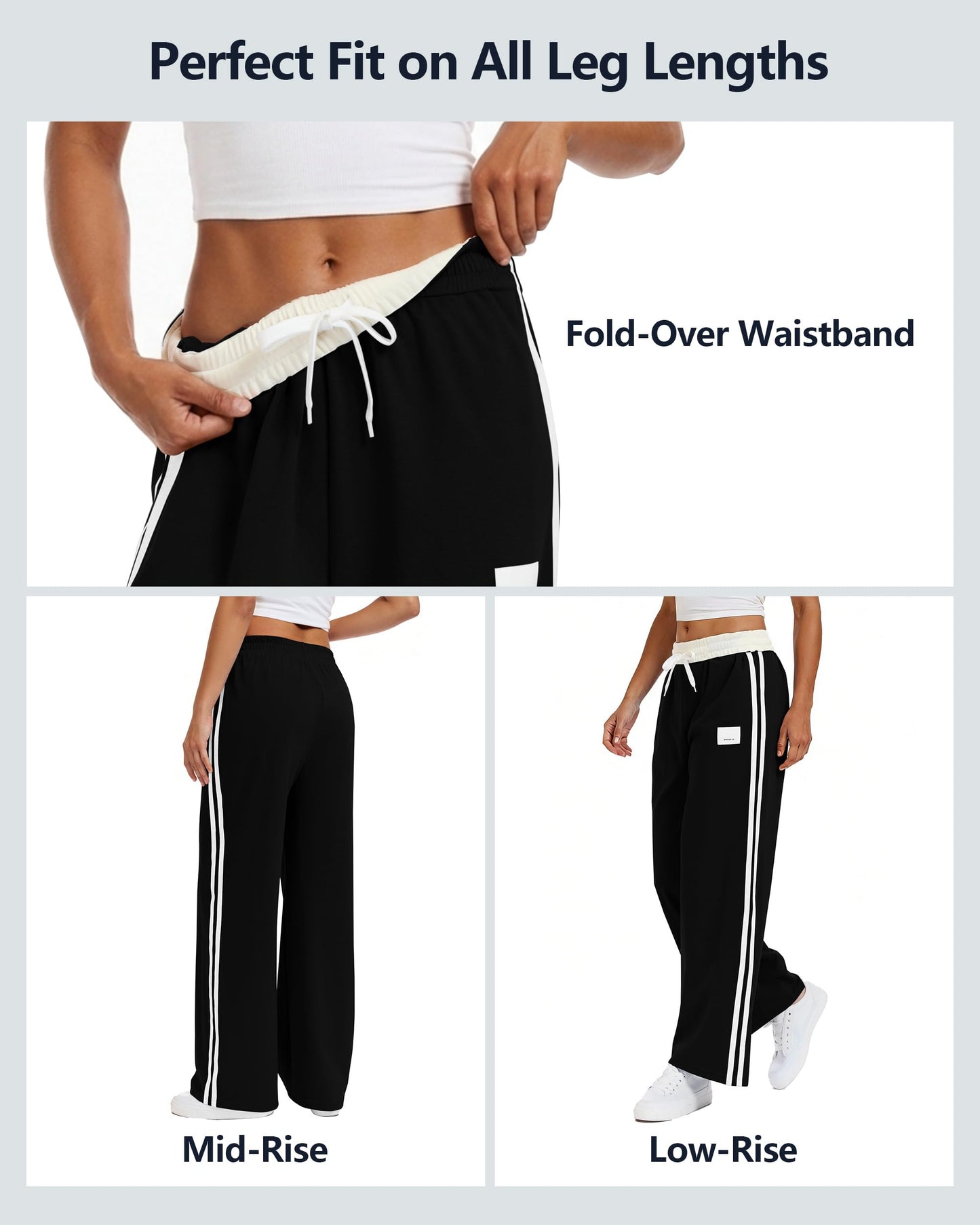 YIPINK Womens Track Pants Athletic Running Pants Sweatpants Straight Leg Cotton Fold-Over Sports Jogging Striped Loose Fit Black