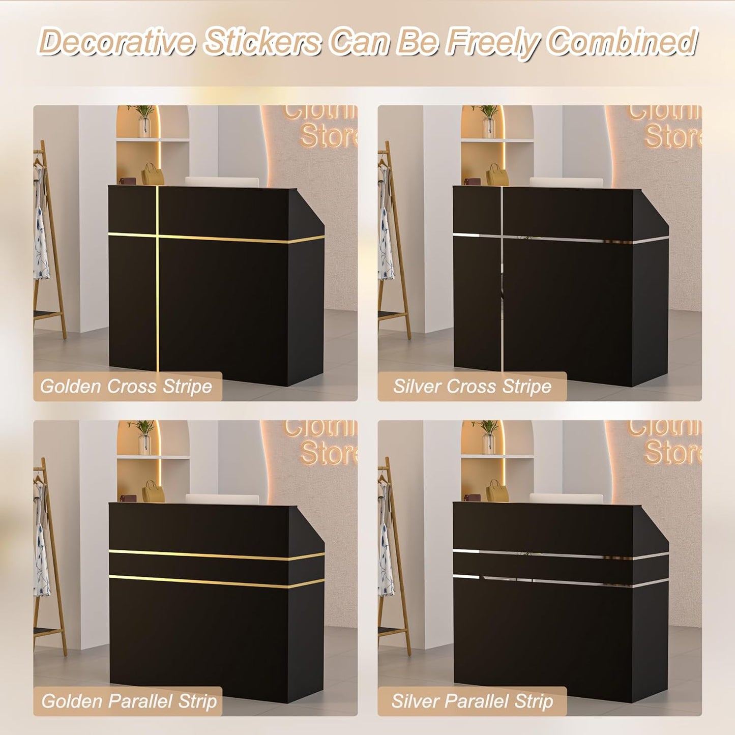 AHB Reception Desk with Counter, Modern Front Table Equipped Lockers & Storage Shelves, 50-inch Checkout Counter with LED Lights & DIY Stripe for Lobbies, Salons, Retail, Home Offices, Reception Room