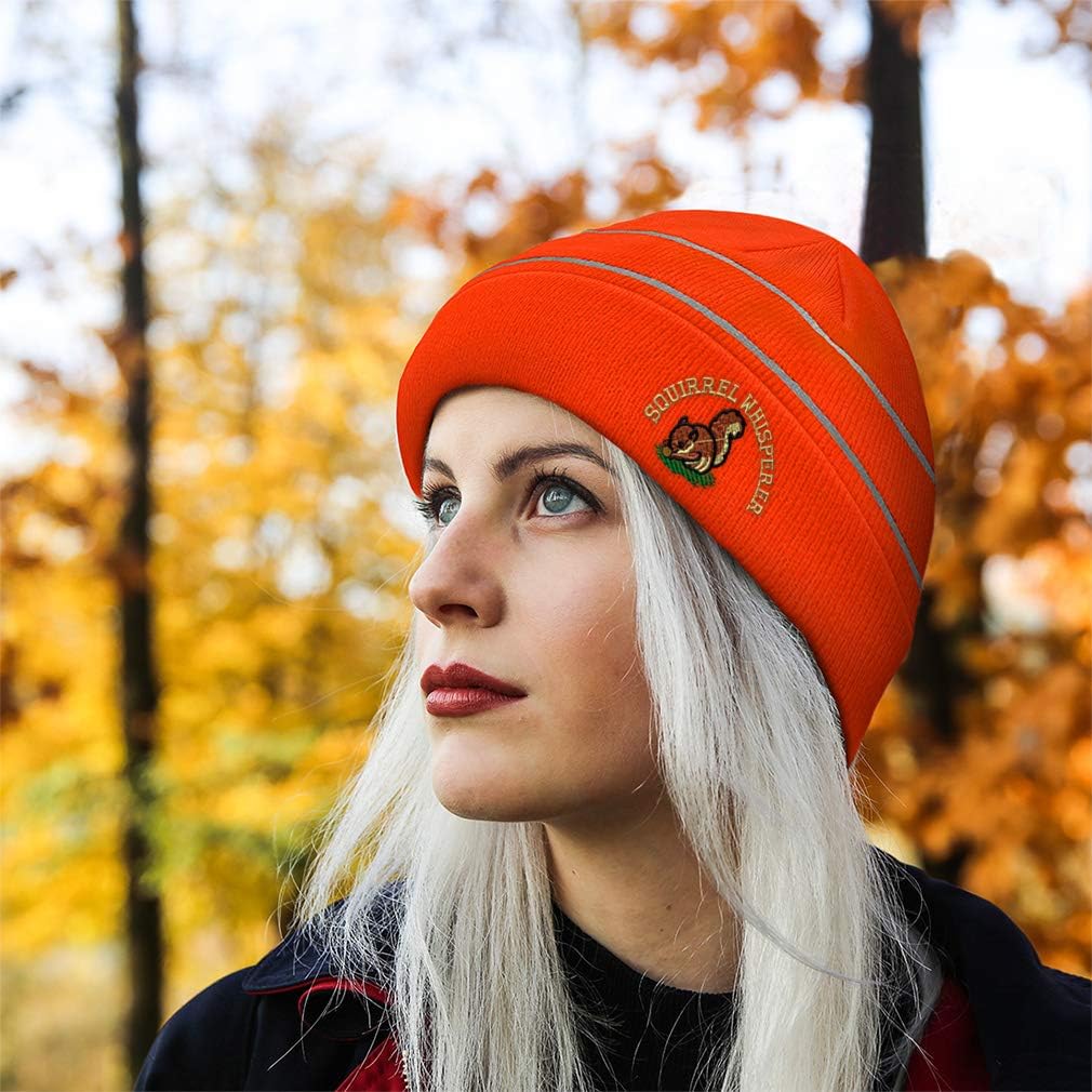 Reflective Beanie for Men & Women Squirrel Whisperer Embroidery Acrylic High Visibility Running Gear Skull Cap Neon Orange 1 Size