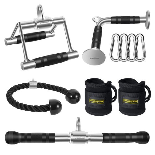 DYNASQUARE Tricep Press Down Cable Machine Attachment, Heavy Duty Solid Steel Body Training LAT Pulldown Home Gym Accessories, Double D Row Handle, V Bar, Ankle Straps, Tricep Rope, Pull Down Bar
