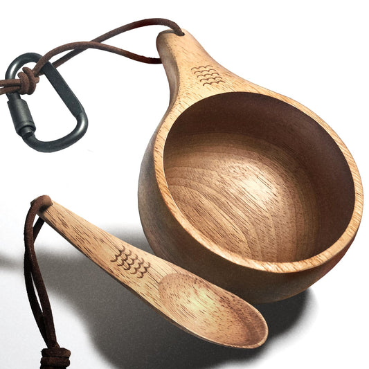 yaykabom Nordic Kuksa 12oz(355ml) w/Spoon, Handcrafted Wooden Mug – Bushcraft Gear & Camp Kitchen Companion. Natural hardwood. For camping, hiking, home & camp kitchen use. Easy carry – cool！