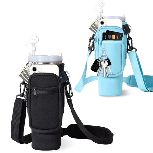 Water Bottle Carrier Bag with Phone Pocket for Stanley 40oz Tumbler with Handle（Black+Blue）