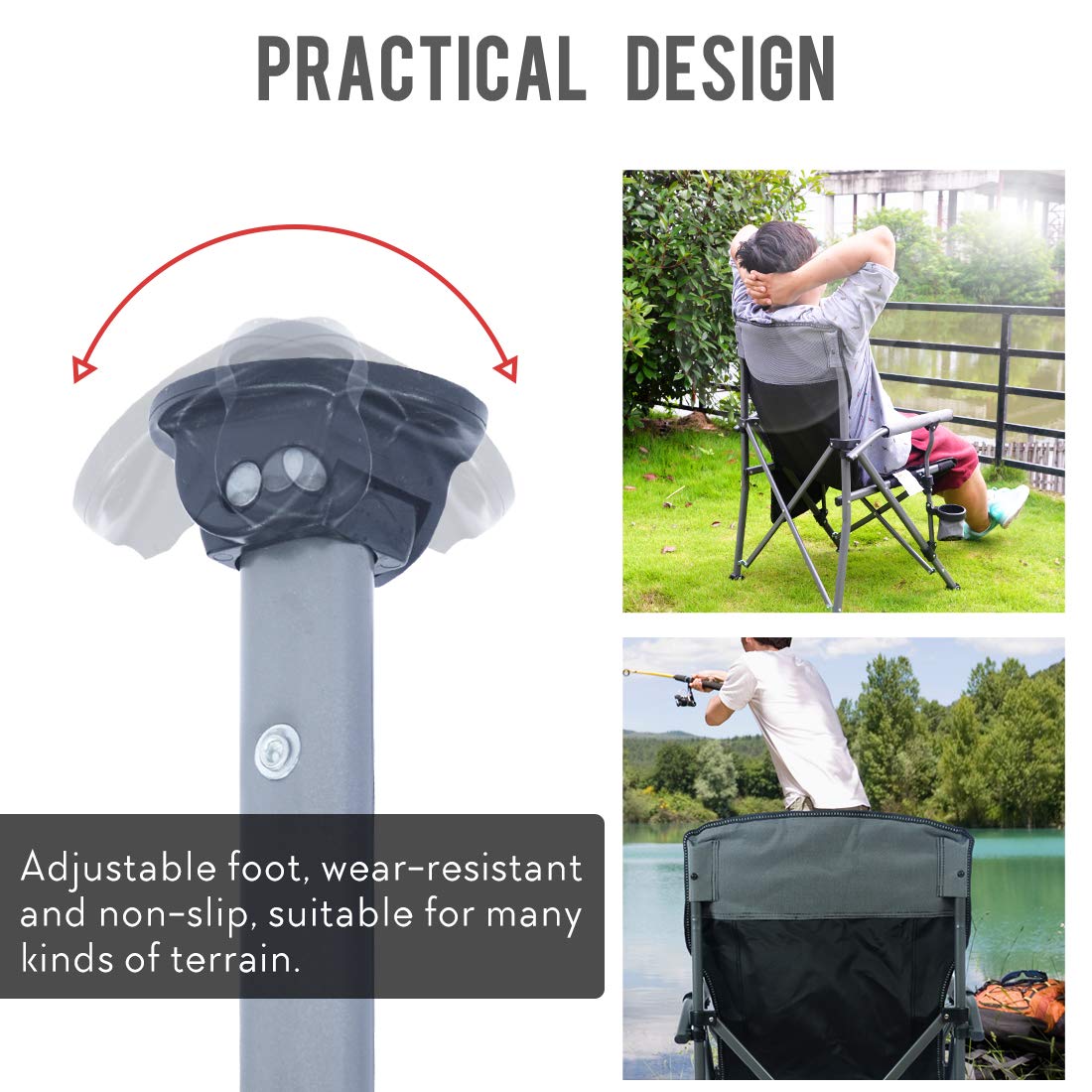 Homcosan Portable Camping Chair Folding Quad Outdoor Large Heavy Duty Support 330 lbs Thicken 600D Oxford with Padded Armrests, Storage Bag, Beverage Holder, Carry Bag for Outside(Grey, 2Pack)