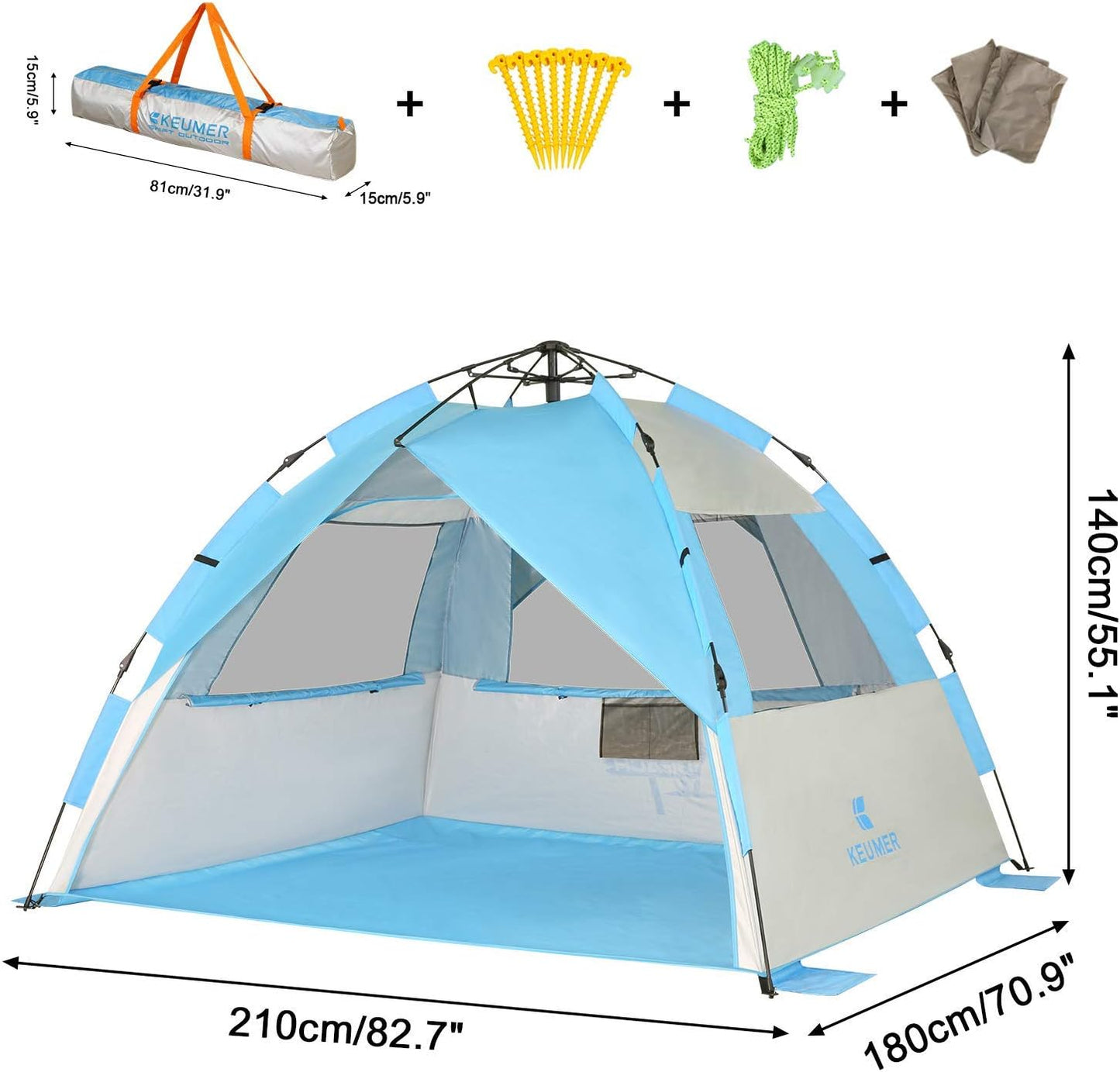 G4Free Deluxe XL Pop Up Beach Tent, 3-4 Persons Easy Setup Sun Shelter Canopy with UPF 50+ UV Protection Extral Wide 70.9 in