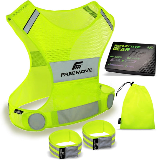 FREEMOVE Reflective Vest - Running Gear + 2 Bands & Bag/Ultralight & Comfy Safety Vests for Running, Walking, Cycling