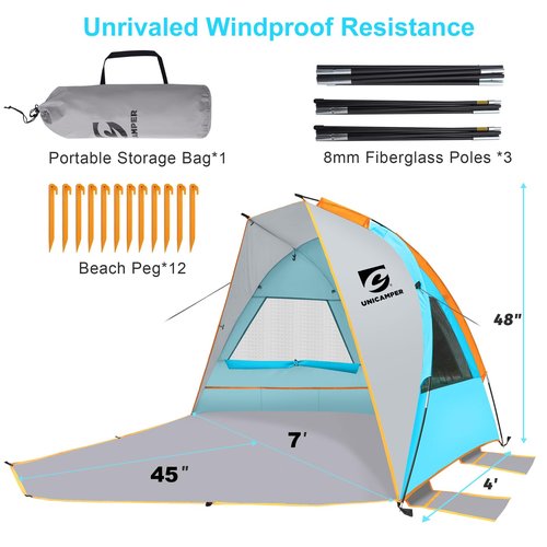 Unicamper Beach Tent 2-3 Person Sun Shelter UPF 50+ with Extended Waterproof Pe Floor & 3 Mesh Roll Up Windows Fits, Portable Beach Shade Easy Setup for Outdoor Camping, Indoor, Fishing, Yard. (Blue)