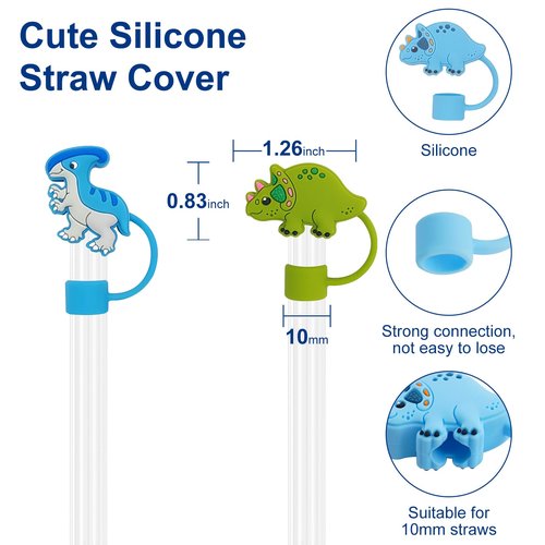 Silicone Dinosaur Straw Toppers for Stanley Cup 30 40 oz, 10 mm Cute Cover Cap Tumbler Accessories Gifts for Child